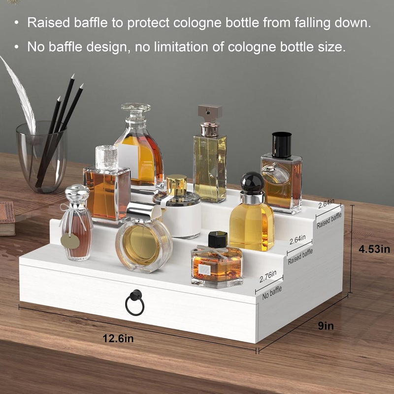 upcessory Cologne Organizer for Men, 3 Tier Wood Perfume Organizer with Felt Lining Drawer and Hidden Compartment, White Perfume Display Holder, A Gift for Men - Image 5